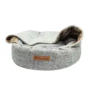 Charlie's Vip Wolf Hooded Nest Bed With Faux Linen And Fur For Pets Light Grey 1 X Small