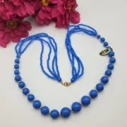 Vintage Genuine Lucite Triple Strand Bead Necklace 30 Inch Blue Graduated Japan