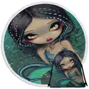 Beautiful Big Eyed Pearl Swirl Mermaid Round Beach Towel