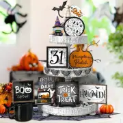 14 Pcs Halloween Tiered Tray Decorations Set Ghost Halloween Wooden Signs Rustic