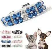 Pearl Cat Collar,Rhinestone Crystal Bling Small Dog Necklace Fancy Pretty Cute Diamond Jewel for XS Small Medium Female Girls Kitten Pet Puppy Chain Wedding Birthday Party,Blue L