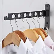 Wall Mounted Clothes Hanger, Laundry Room Dryer Rack, Folding Valet Hook, Sturdy Hanging, Solid Aluminum (Black)