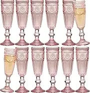 XKXKKE 12 Pcs 5 Ounces Glass Champagne Flutes, Vintage Flower Embossed Colored Glass Sparkling Wine Glasses for Champagne, Cava, Prosecco, Party, Wedding, Bar Fancy Glasses Set of 12 Pink