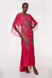 Tall Feather Embellished Woven Cape Sleeve Maxi Dress