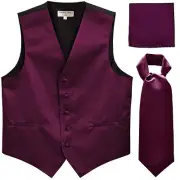 New Men's eggplant formal vest Tuxedo Waistcoat ascot hankie set wedding prom