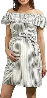 [COOLOYA] Maternity Striped Dress Off Shoulder Drawstring High Waist Mini Dress
