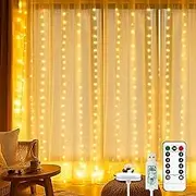9.8x9.8Ft 300LED Fairy Curtain Lights, Window Curtain String Light with USB Plug in 8 Modes Curtain String Hanging Lights with Remote for Bedroom, Indoor, Outdoor, Weddings, Party - Warm White