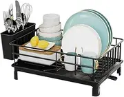 Housekeeper Dish Drainer Rack with Drip Tray – Stainless Steel Dish Drying Rack with Utensil Holder, Swivel Drainage Spout, Space-Saving Kitchen Sink Drainer for Plates, Bowls & Cutlery (Black)
