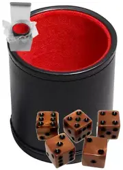 (6) 16mm Olympic Bronze Tone Dice + Black PU Leather Red Felt Lined Cup Boxed