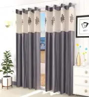 2 Piece Premium Door Curtain Set with Floral Net 7ft Gray