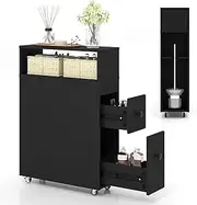 Giantex Movable Bathroom Storage Cabinet, Narrow Toilet Side Cabinet w/ 2 Slide Out Drawers, 2 Rattan Baskets & Storage Shelves, Free Standing Toilet Paper Holder on Wheels for Small Spaces, Black