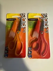 2 Kids Safety Scissors FISKARS 5 Inch Point Tip With Cap And Eraser Red/Orange