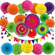 YALLOVE Colorful Hanging Party Decorations Set, 20 Pcs Multi-Color Hanging Paper Fans, Pom Poms Flowers, Garlands String Polka Dot, and Triangle Bunting Flags for Birthday Christmas Decorations