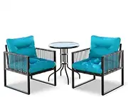 ALFORDSON Outdoor Patio Bistro Set with UV-Resistant PE Wicker, Conversation Set with 2X Armchairs and R60x70cm Coffee Table, Lounge Chair & Side Table with Water-Resistant Cushions, Black Blue