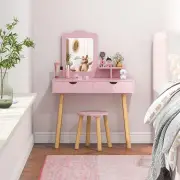 CostwayKids Wood Vanity Table &amp; Stool with 1 Rectangular Mirror and 2 Large Drawers-Pink