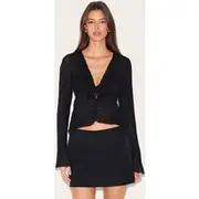 Black Sheer Plisse Tie Front Flute Sleeve Blouse, Black