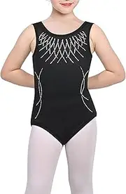 [Sunny Fashion] Girls One Piece Geometry Gymnastic Leotard Rhinestone Show Sleeveless