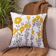 ARTMAGIC Yellow Flowers Cushion Cover Embroidery Decorative Throw Pillows Cover Farmhouse Square Pillow Case for Couch Sofa Bed Living Room Bedroom Home Decor (18x18 Inches, Yellow 01), 46 x 46 cm