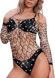 [Generic] Women Sparkle Fishnet Bodysuit Long Sleeve Mesh Lingerie Rhinestone Bodystocking Off Shoulder Outfit