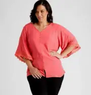 Autograph Top Blouse Shirt Plus Size 18 Button Up Elbow Slv Pink Embroidery R$90