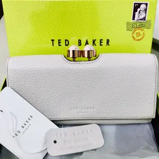 Ted Baker 真皮霧面珍珠珠釦長夾-米灰色