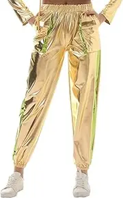 [Generic] Women Shiny Metallic Jogger Pants Wet Look Stretchy Holographic Trousers Casual High Waist Sweatpant Disco Rave Pants
