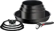 Tefal Ingenio Unlimited ON 8 Piece Non-Stick Induction Pan Set, 28 cm Frying Pan, 16&18&20 cm Saucepans, 16&18&20 cm Glass Lids, 1 Bakelite Removable Handle, Easy Cleaning, Black, L3959053