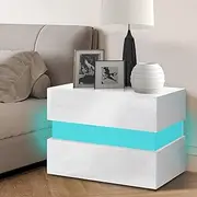 ALFORDSON LED Bedside Table 4-Side High Gloss Nightstand Storage Cabinet with RGB Light, 2-Drawer White Side End Table in 46cm Height for Bedroom Hallyway Living Room