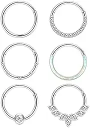 [Sanfenly] 6Pcs 16G 18G Septum Rings Surgical Steel Nose Rings Hoop for Women Opal CZ Daith Cartilage Hoop Earring Clicker Septum Jewelry Hinged Hoop Nose Ring Lip Helix Rook Tragus Piercing Jewelry