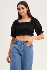 Black Short Sleeve Frilled Edge Shirred Crop Top - Size 12, Women's Crop Top