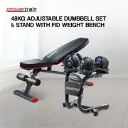 Powertrain 48KG Adjustable Dumbbell Set (Blue) & Stand with FID Weight Bench