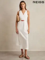 Reiss Ivory Brianne Petite Poplin Belted Split Midi Dress (F09541) | $350