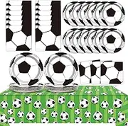 24 Guests Soccer Party Plates Napkins Tablecloth Supplies Set Soccer Disposable Tableware Dinnerware Decorations Favors for Birthday Party Boys Girls Baby Shower