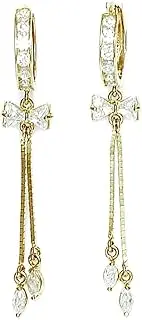 [JewelryWeb] 14k Yellow Gold CZ Simulated Diamond Double Chain Bow Hinged Long Drop Dangle Earrings 45x13mm-Dangle Earring for Women and Men