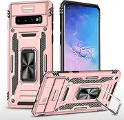 Slide Camera Case for Samsung Galaxy S10,Kickstand with Built-in 360° Rotate Magnetic Ring Stand Shockproof Protective Armor Cover,Rose Gold