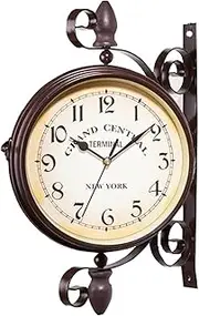 Railway Station Clock Double-Sided Outdoor Wall Clock Outdoor Brown Vintage Silent Garden Fashionable Wall Clock Double-Sided White Retro Antique Style Battery-Operated