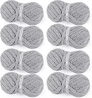 8 Jumbo Packs Chunky Chenille Yarn for Crocheting, 31.7 yds, 8 oz Each Skein Bulky Thick Fluffy Yarn for Knitting, Super Bulky Chunky Yarn for Hand Knitting Blanket, Soft Plush - Light Grey