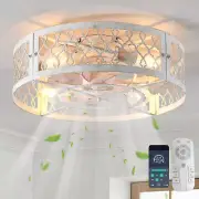 Caged Ceiling Fan with Light,20" Flush Mount Ceiling Fan with Remote,Bladeless F