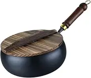 FytStycale Iron Wok Pan Stir The Pan Without Coating Household Cookware with Wooden Lid House Flat Floor Chinese Wok Nonstick, 24cm