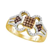 10kt Yellow Gold Womens Round Brown Diamond Quatrefoil Square Cluster Ring