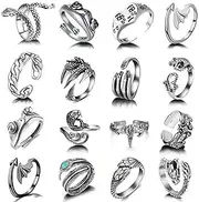 [Lopsity] 16PCS Vintage Silver Open Gothic Rings Set for Women Men,Adjustable Bulky Knuckle Rings Set Punk Gothic Stackable Rings Frog Snake Skull Smiley Angel Wing Boho