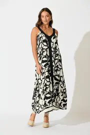 Jenny Maxi Dress Sleeveless in Black with White Print 8