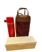 Vintage MCM thermos lunchbox plaid carrying case
