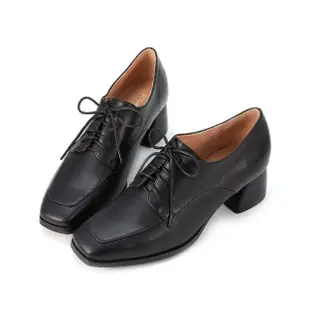 【HERLS】牛津鞋-全真皮拼接造型方頭粗跟德比鞋(黑色)