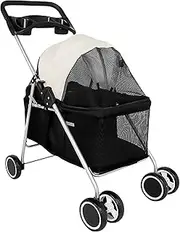 EZONEDEAL 4 Wheels Pet Stroller Dog Cat Carrier Travel Pushchair Foldable Pram with Mesh Windows Puppy Jogger Folding Stroller for Small & Medium Pets