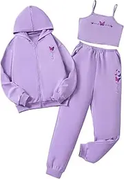 [WDIRARA] Girl's 3 Piece Set Butterfly Print Hoodie Sweatsuits Sweatpants Outfits