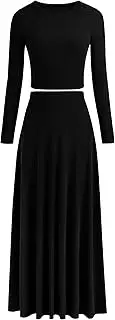[PRETTYGARDEN] Women's 2 Piece Outfits Dressy Casual Ribbed Knit Long Sleeve Crop Tops Maxi Flowy Skirts Matching Sets