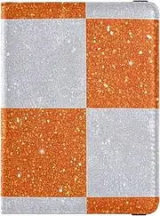 [Amooorous] Fake Glitter Checkerboard Squares White Orange Leather decorative travel wallet womens passport holder Vaccine Case Protector Cover Passport Case Waterproof, Fake Glitter checkerboard squares white