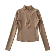 Long-Sleeve Mock Neck Plain Half Zip Panel Top Khaki - S