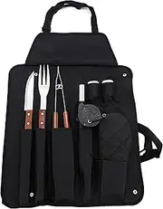 BBQ+ 8-pc Grill Tool Set, BBQ Accessories Utensil Set, Grilling Gift Set, Outdoor Barbecue Set Includes Apron, Glove, Grill Cutter, Grill Tongs, Grill Fork, Grill Air Blower and 2 Condiment Bottles